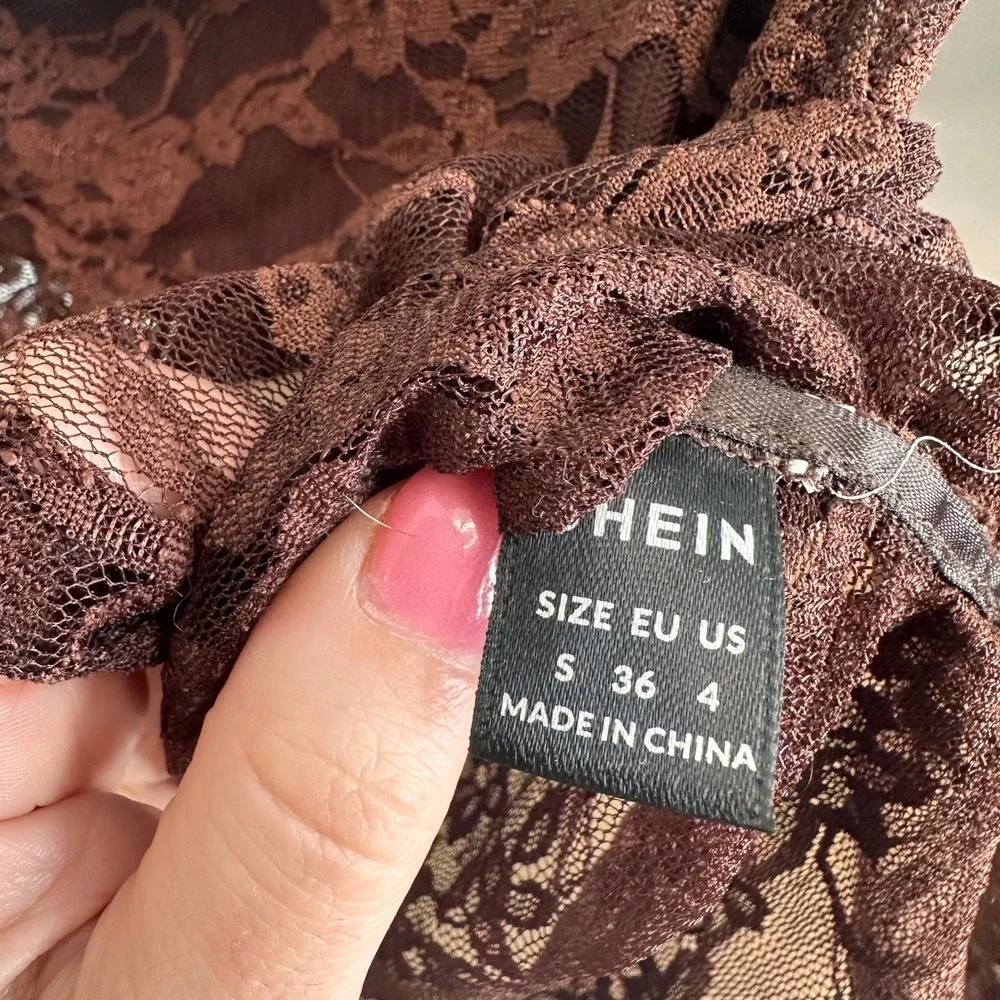 Brown Sheer Monochromatic Floral Lace Off The‎ Shoulder Ruched Long Sleeve Top S